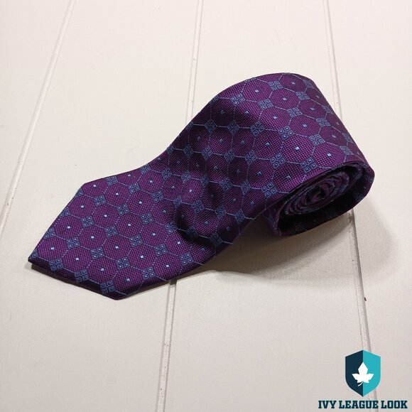 Brooks Brothers Men’s Silk Tie Purple Blue Geometric Made in USA NWT Minor Flaw - Picture 1 of 10